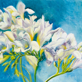Peinture : White freesias - Oil on Canvas/ cardboard - 24 x 18 cm