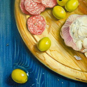 Peinture : Still life with cheese and garlic - Oil on Canvas - 45 x 50 cm