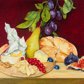 Still life with cheese and pear