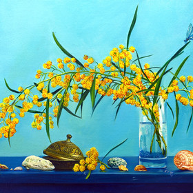 Peinture : Still life with mimosa - Oil on Canvas - 40 x 30 cm