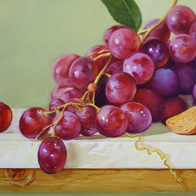 Peinture : Still life with wine decanter and grapes - Oil on Canvas - 35 x 40 cm