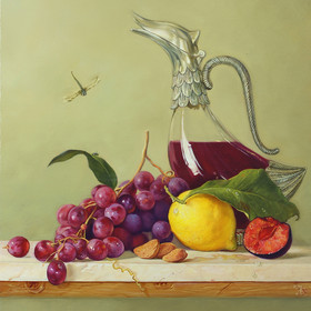 Peinture : Still life with wine decanter and grapes - Oil on Canvas - 35 x 40 cm