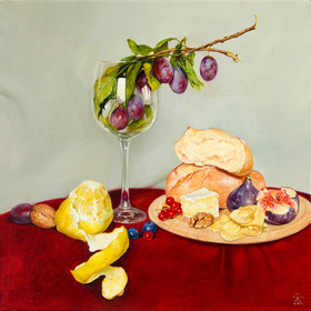 Still life with cheese and plums in the wine glass