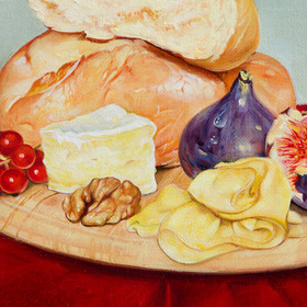 Peinture : Still life with cheese and plums in the wine glass - Oil on Canvas - 40 x 40 cm