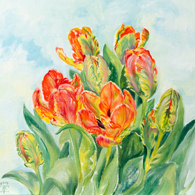 Peinture : Orange Tulips - Oil on Canvas/ cardboard - 25 x 25 cm