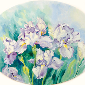 Peinture : Light blue Irises - Oil on canvas/ cardboard (oval) - 40 x 30 cm