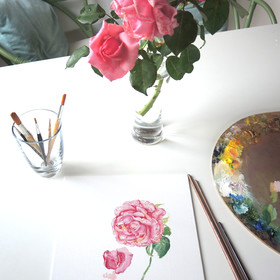 Peinture : Pink roses - Oil on Canvas/ cardboard - 25 x 30 cm