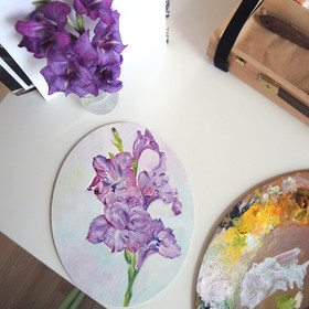 Peinture : The Violet Gladiolus - Oil on canvas/ cardboard (oval) - 20 x 25 cm