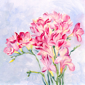 Peinture : Pink Freesias - Oil on Canvas/ cardboard - 20 x 20 cm