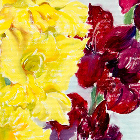 Peinture : Red and yellow gladiolus - Oil on canvas/ cardboard (oval) - 30 x 40 cm