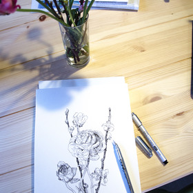 Peinture : Ranunculus and sakura drawing - Pen on paper - 20 x 29 cm