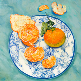 Peinture : Clementines on the plate with English pattern - Oil on Canvas/ cardboard - 30 x 30 cm