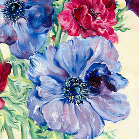 Peinture : Anemone bouquet - Oil on canvas/ cardboard (oval) - 30 x 40 cm