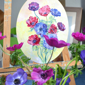 Peinture : Anemone bouquet - Oil on canvas/ cardboard (oval) - 30 x 40 cm