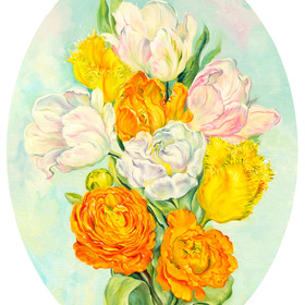 Peinture : Tulips bouquet in oval - Oil on canvas/ cardboard (oval) - 30 x 40 cm