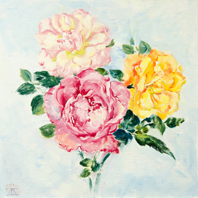 Peinture : Petite bouquet with roses - Oil on Canvas/ cardboard - 25 x 25 cm