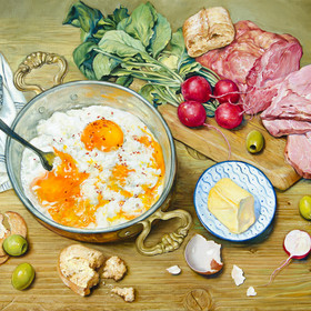 Peinture : Still life with scrambled eggs - Oil on Canvas - 40 x 50 cm
