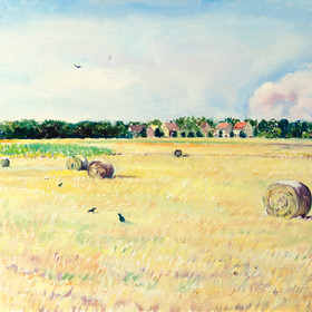 Peinture : Landscape with haystacks - Oil on Canvas/ cardboard - 40 x 30 cm
