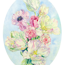 Peinture : Oval bouquet with tulips, ranunculus and anemone - Oil on canvas/ cardboard (oval) - 30 x 40 cm
