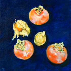 Peinture : Persimmons and physalis - Oil on Canvas/ cardboard - 30 x 30 cm