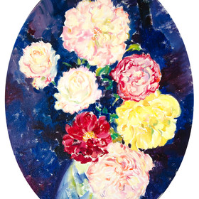 Roses on the dark background. Oval canvas