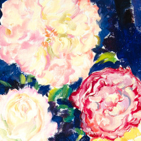 Peinture : Roses on the dark background. Oval canvas - Oil on canvas/ cardboard (oval) - 30 x 40 cm