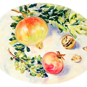 Peinture : Still life with pomegranate on oval canvas. - Oil on canvas/ cardboard (oval) - 40 x 30 cm