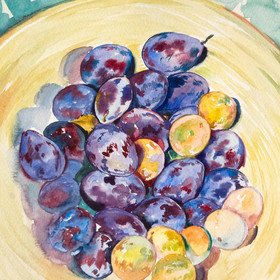 Watercolor still life with plums