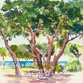 Peinture : Seascape with pines - Watercolor on paper - 20 x 24 cm