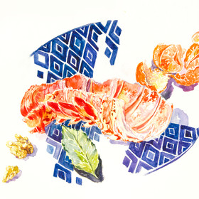 Watercolor still life with lobster shell