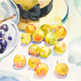 Peinture : Still life with Mirabelle plums - Watercolor on paper - 24 x 19 cm