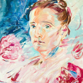 Peinture : Self-portrait with peonies - Oil on paper - 30 x 40 cm