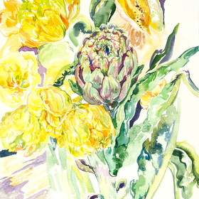 Flower piece with artichoke and yellow tulips