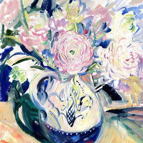 Peinture : Ranunculus bouquet in a vase - Oil on paper - 30 x 40 cm