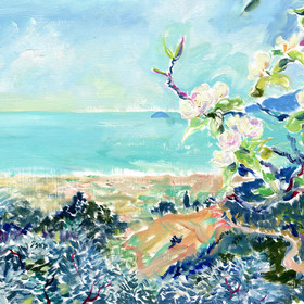 Peinture : Tuscany Sea View and an Almond Blossom - Oil on paper - 40 x 30 cm