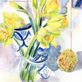 Peinture : Narcissus and ceramic bowl - Watercolor on paper - 32 x 24 cm