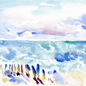 Peinture : Seascape with umbrellas. Mediterranean Series #6 - Watercolor on paper - 24 x 19 cm