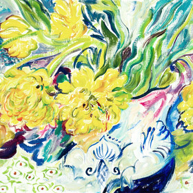 Peinture : Yellow tulips in a vase - Oil on paper - 40 x 30 cm