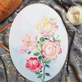 Peinture : Roses Bouquet. Oval canvas - Oil on canvas/ cardboard (oval) - 30 x 40 cm