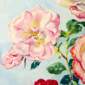 Peinture : Roses Bouquet. Oval canvas - Oil on canvas/ cardboard (oval) - 30 x 40 cm