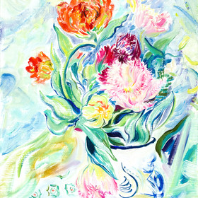 Peinture : Tulips in a vase - Oil on paper - 30 x 40 cm
