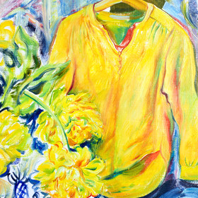 Peinture : Still life with Yellow Shirt and Tulips - Oil on paper - 30 x 40 cm