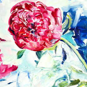 Peinture : Peony on the white-blue background - Oil on paper - 30 x 40 cm