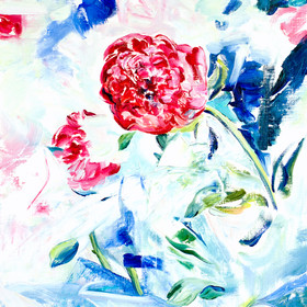 Peinture : Peony on the white-blue background - Oil on paper - 30 x 40 cm