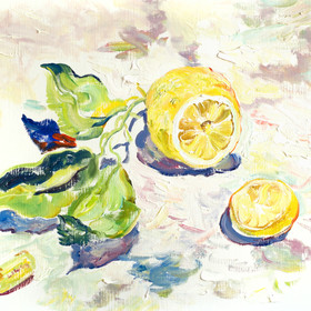 Peinture : A Lemon on the Mable Tabletop - Oil on paper - 40 x 30 cm