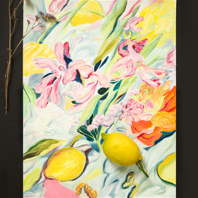 Peinture : Still life with Lemon and Flowers - Oil on paper - 30 x 40 cm