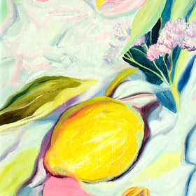 Peinture : Still life with Lemon and Flowers - Oil on paper - 30 x 40 cm