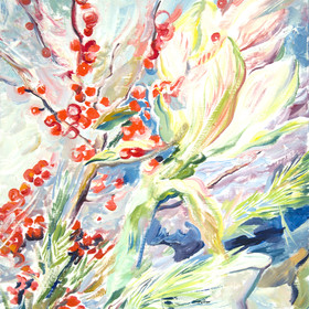Peinture : Amaryllis bouquet with Holly branches - Oil on paper - 30 x 40 cm