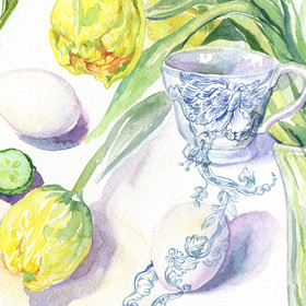 Peinture : Still life with Yellow Tulis, Eggs and Tea Cup - Watercolor on paper - 24 x 32 cm
