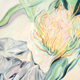 Peinture : Still Life with a King Protea and Tulips - Oil on paper - 24 x 32 cm